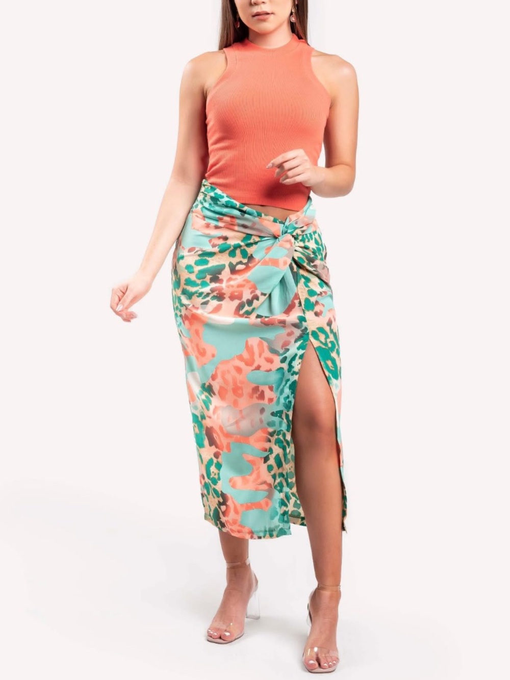 NWOT Tie-Front Midi Skirt in Coral & Mint Floral size M
